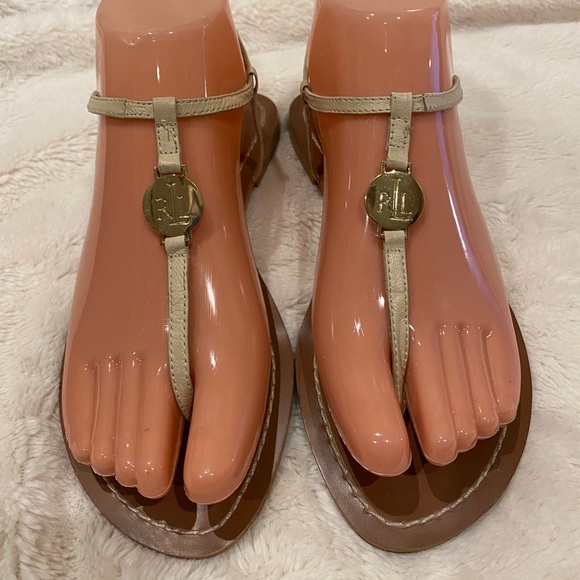 Lauren Ralph Lauren LRL Aina Leather T-Strap Khaki Flat Sandals Size 6.5 VGC - Picture 2 of 10